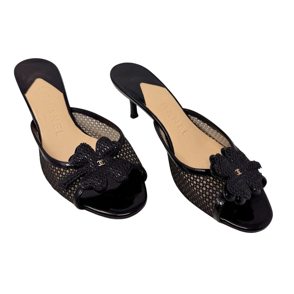Chanel Camellia Mesh Kitten Heel Mules Black CC Logo Size 37